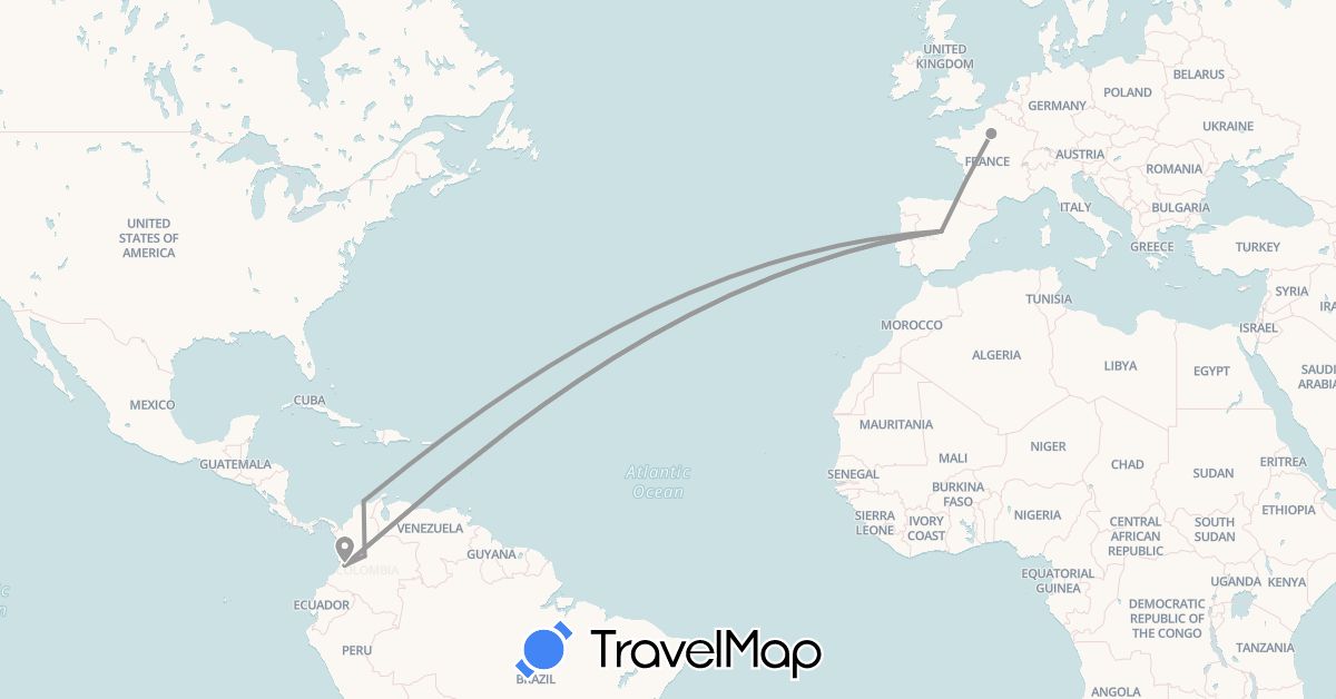 TravelMap itinerary: plane in Colombia, Spain, France (Europe, South America)